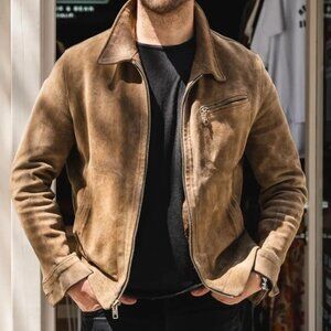 100% Suede Brown/Tan Biker Jacket by ASOS